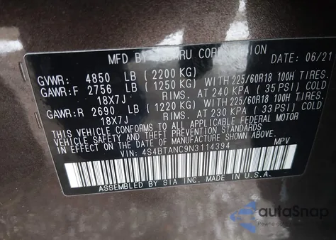 2022 Subaru Outback Limited from USA, damaged, VIN 4S4BTANC9N3114394